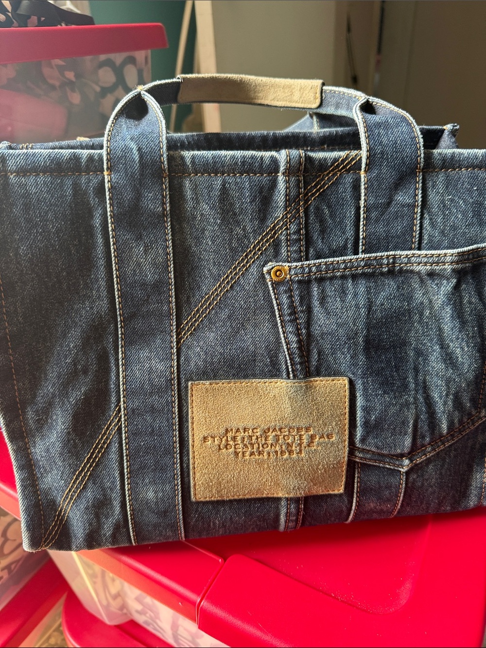 Marc Jacobs Denim Messenger Bag with Tan Accents Used - Picture 4 of 11
